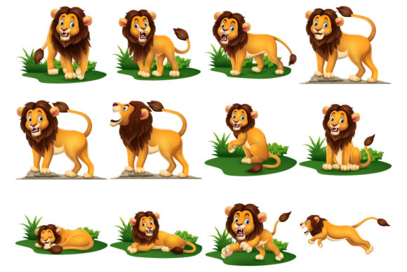 Set of Twelve Cartoon Lions Collection Graphics and Illustrations Review